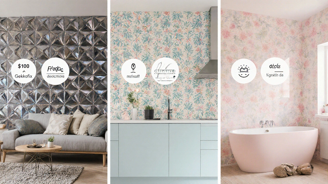 Digitální malba tří místností s různými vzory samolepicích tapet.