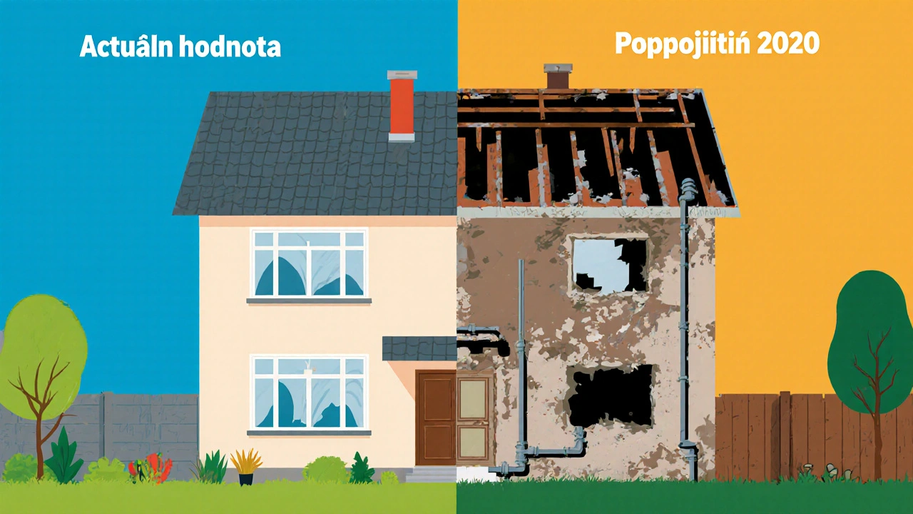 Dům rozdělený na aktuální a podpojištěnou verzi s výrazným kontrastem.