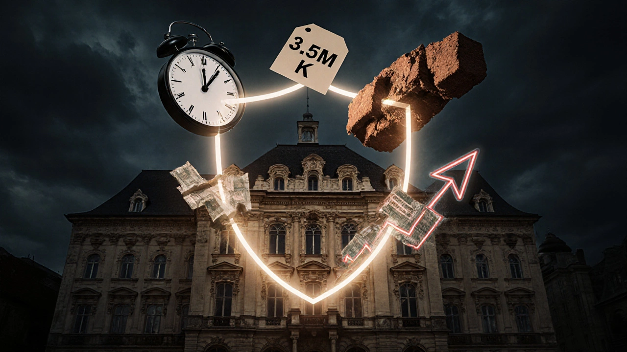 Historický dům s ochranným štítem a symbolickými prvky inflace a hodnoty.