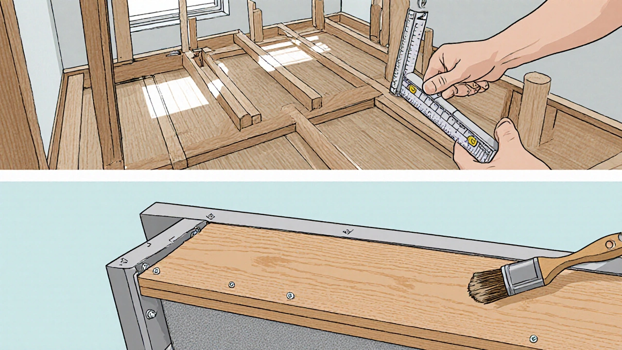 Ilustrace DIY montáže dřevěné příčky: měření, stavba rámu a připevnění desek.