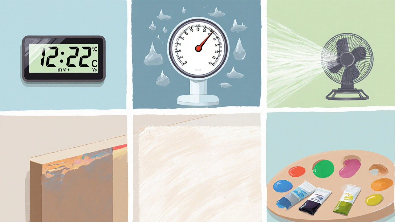 Ilustrace faktorů (teplota, vlhkost, ventilátor, tloušťka vrstvy, typ barvy) ovlivňujících schnutí.