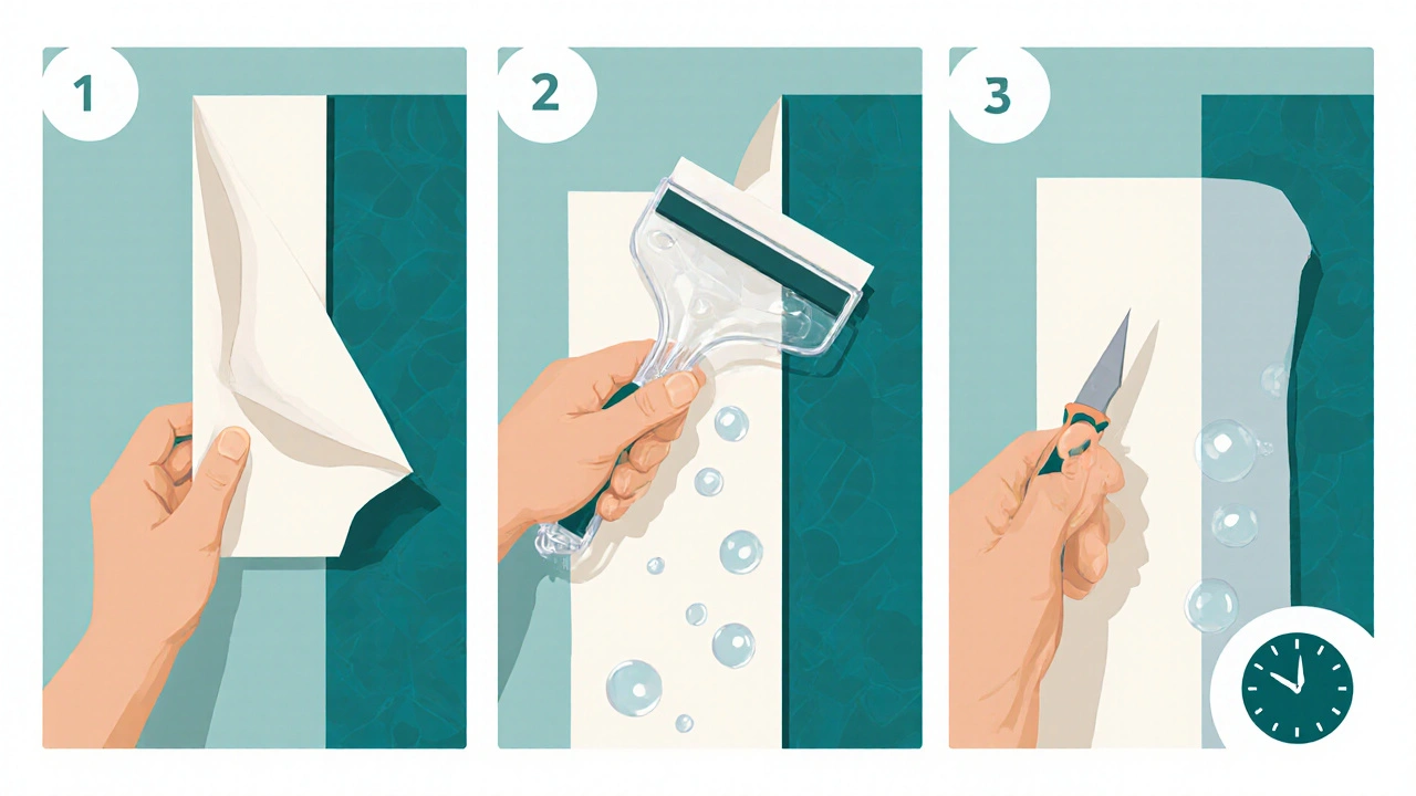 Ilustrace ukazuje odstraňování fólie, lepení a ořezání samolepicí tapety.