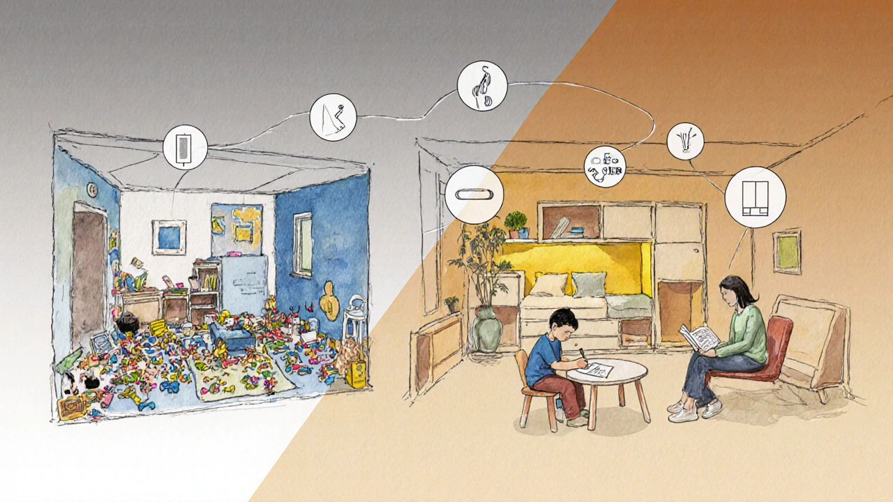 Konceptuální scéna: přechod z chaosu do uspořádaného dětského koutu v malém bytě.