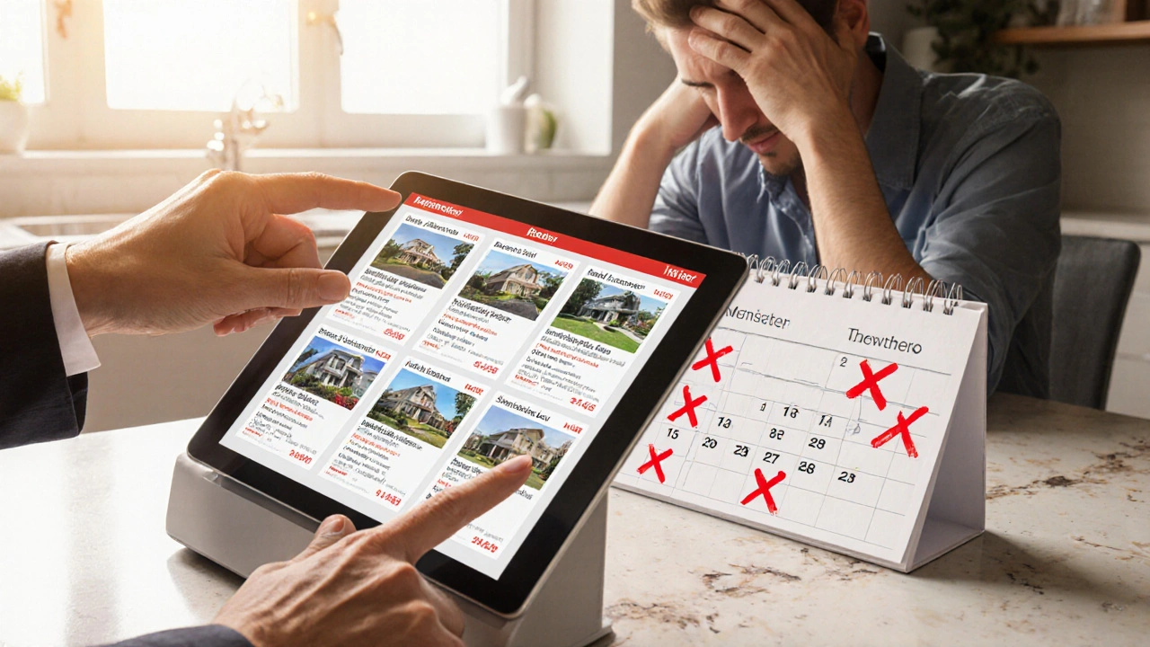 Makléř ukazuje prodejní data na tabletu, zatímco vlastník sleduje uplynulé měsíce neúspěšného prodeje.