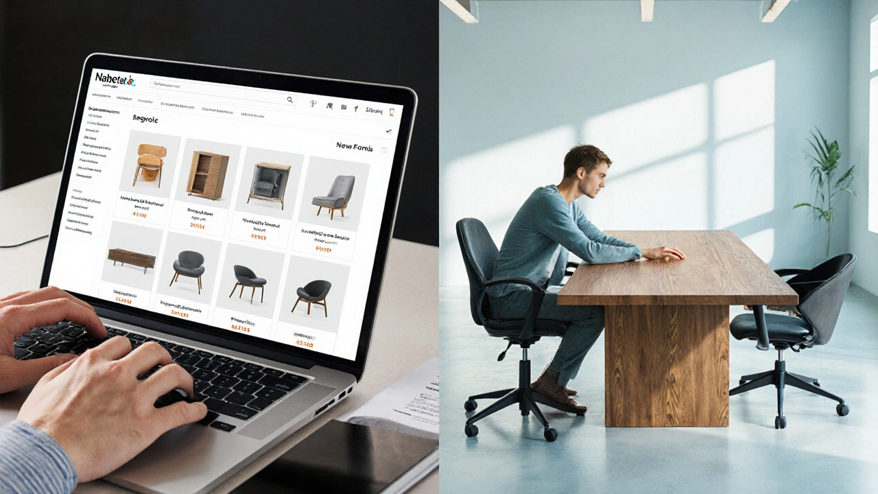 Porovnání online nákupu na laptopu a fyzického showroomu s ukázkou nábytku.