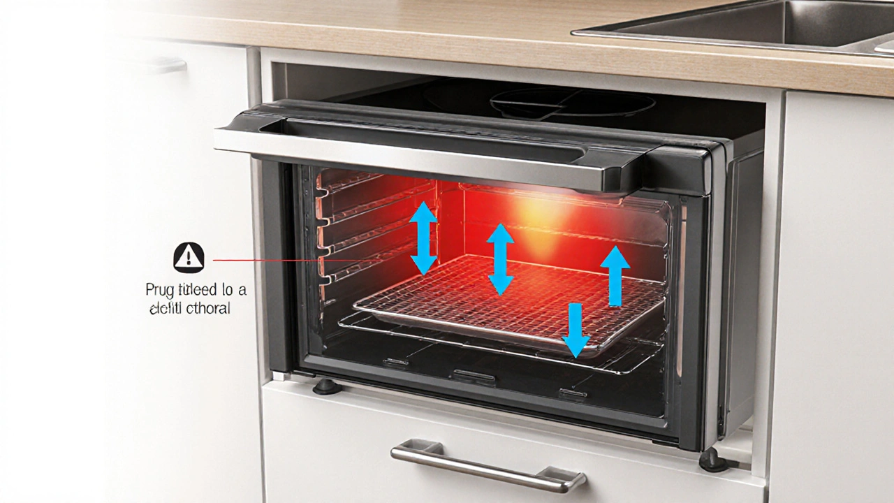 Průřez mini trouby s tepelným zatížením kvůli nedostatku prostoru nahoře.