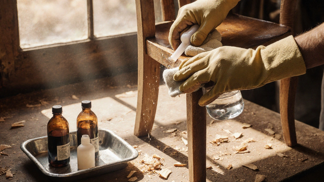 Ruce nanášejí solvent na voskový povrch a škrábí plastovou špachtlí.