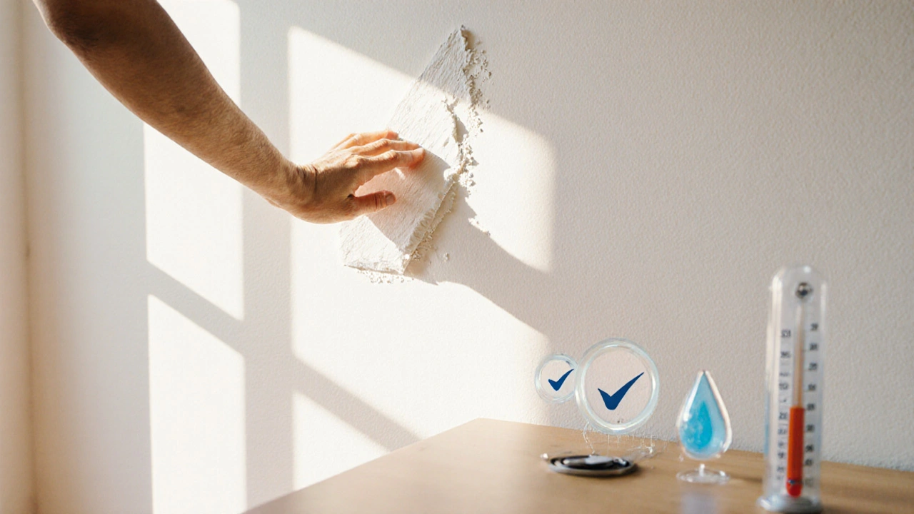 Ruka zkouší suchost nátěru na stěně před aplikací další vrstvy.