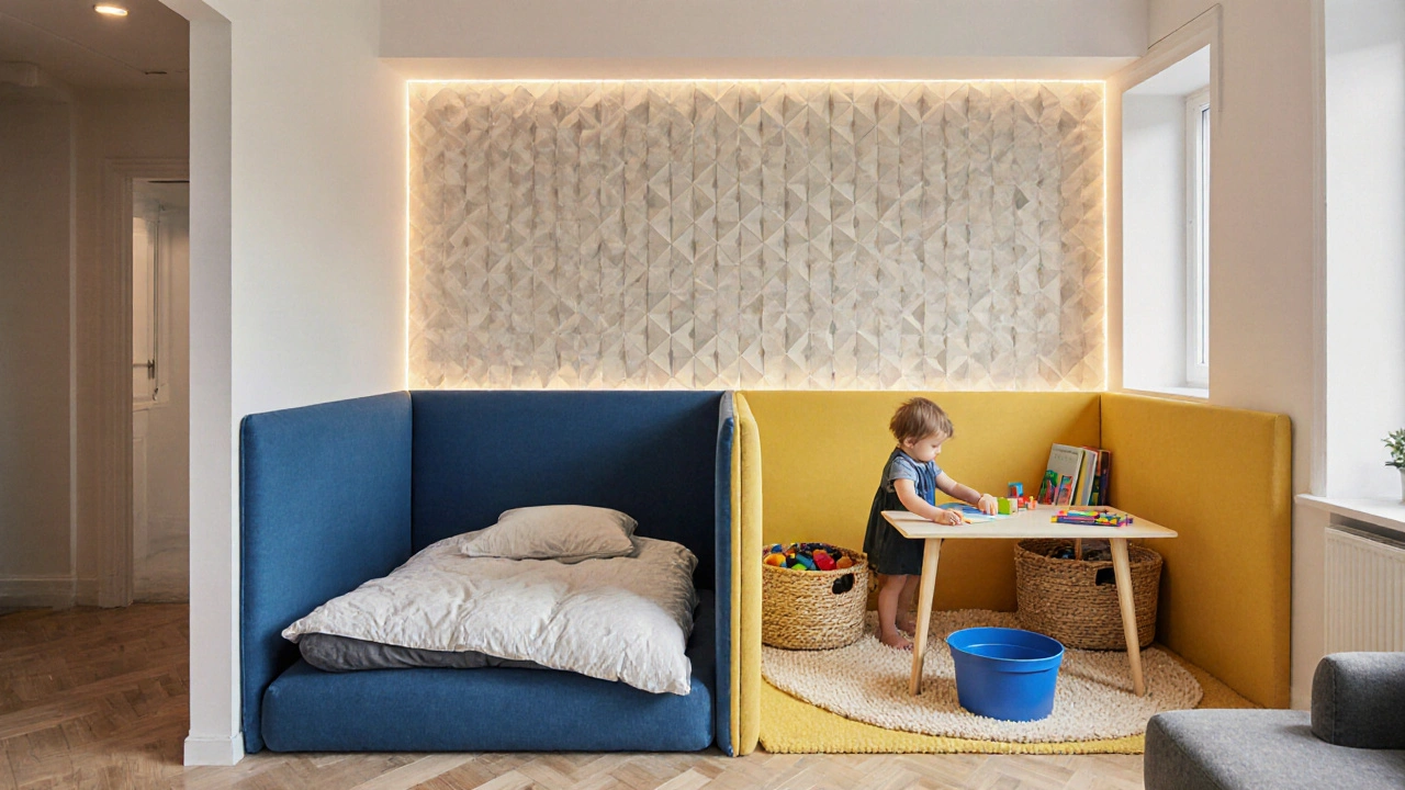 Tři barevně odlišené zóny v obýváku: hra, učení a spánek s otevřenými koši na hračky.