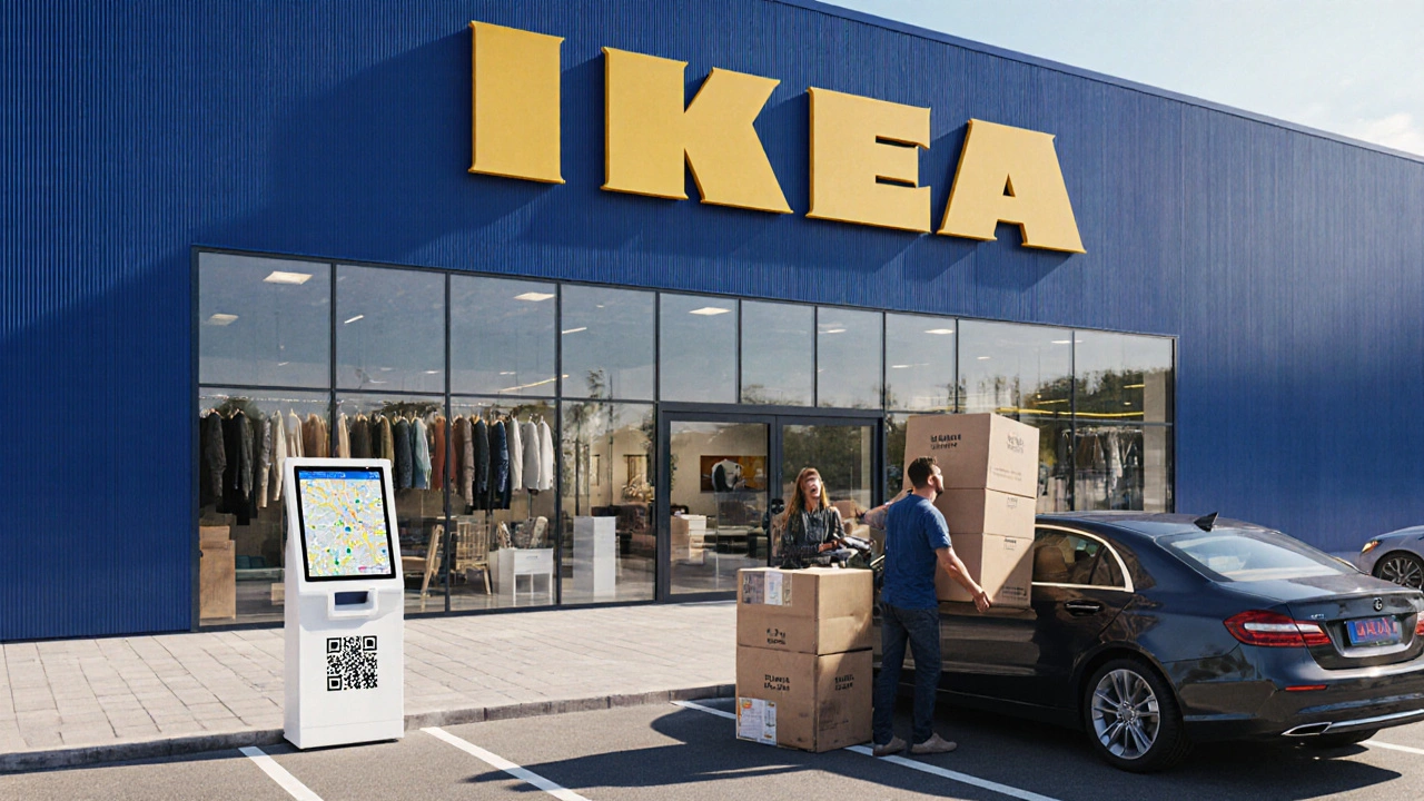 Zákazník načítá balíček z IKEA v Kalyškovicích do auta, využívá click‑and‑collect.