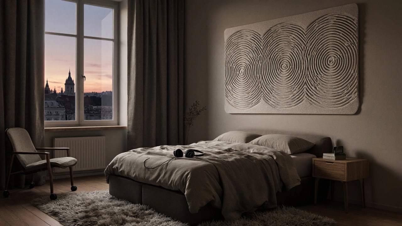 Akustická clona na zdi vedle postele pohlcuje hluk, když je místnost v klidu.