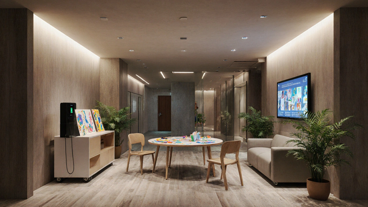 Budoucí hala s flexibilním nábytkem, bezdrátovým nabíjením a udržitelnými materiály.