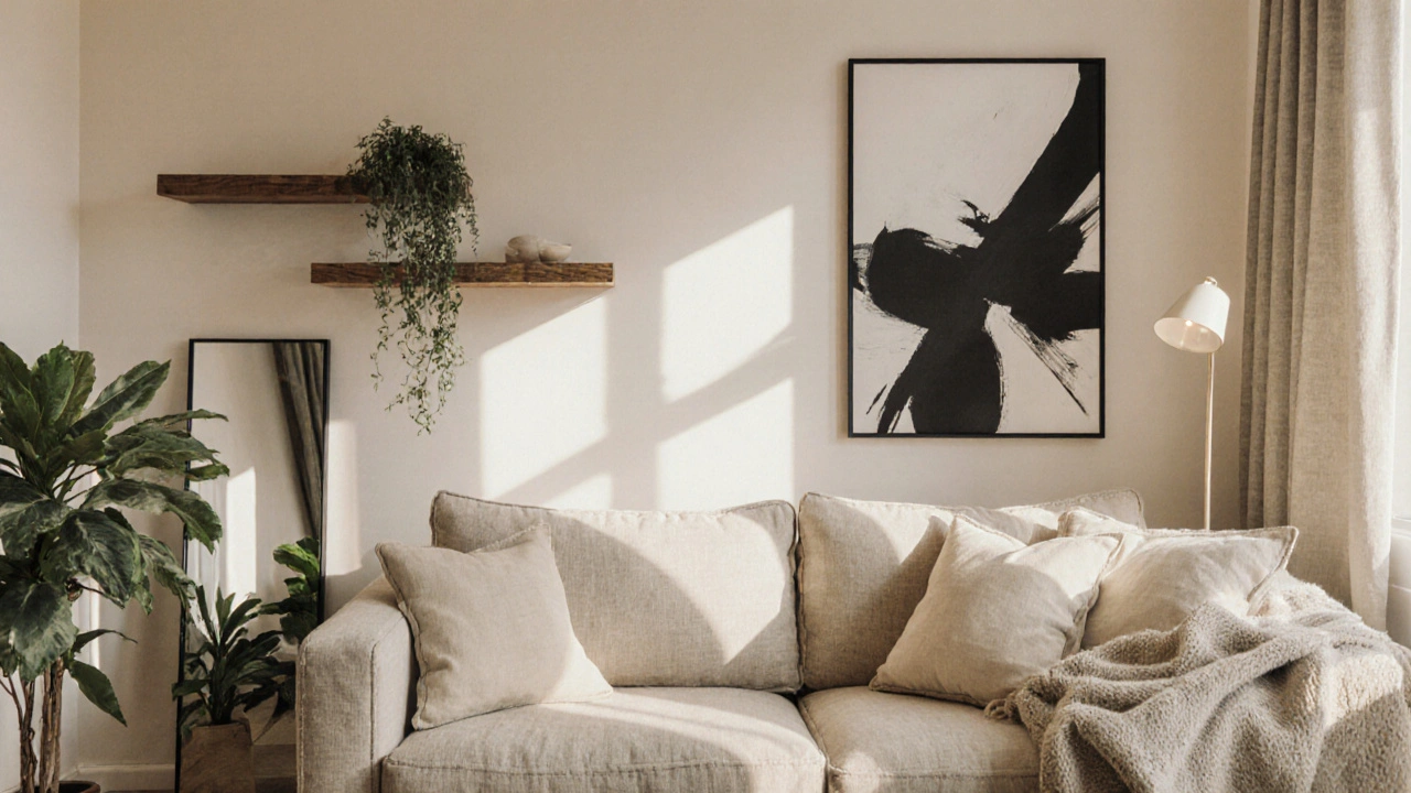 Bytový pohodový prostor v béžové paletě s rostlinami, zrcadlem a jedním akcentním obrazem.