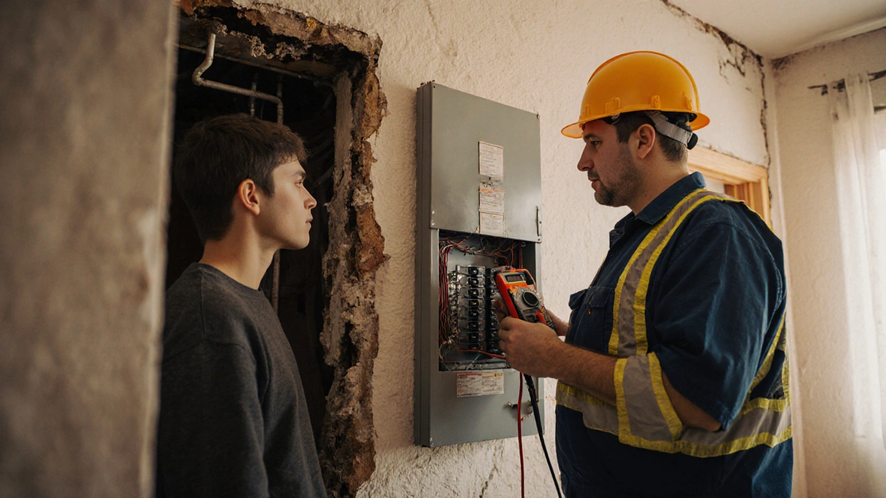 Certifikovaný elektrikář kontroluje starou rozváděčku v panelovém bytě, domácí pozoruje s obavami.