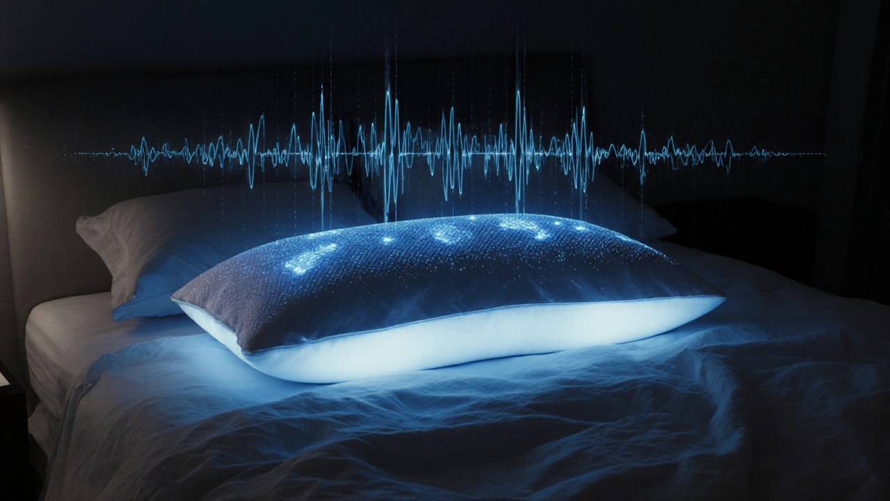 Chytrý polštář s čidly sledujícími dech a tep během spánku v temné ložnici.
