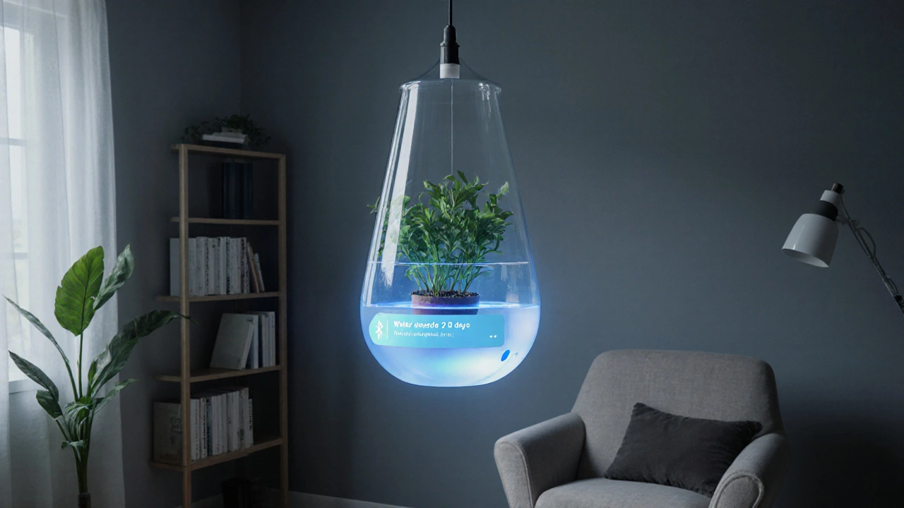 Chytrý visící květináč s rezervoárem a upozorněním na telefonu.
