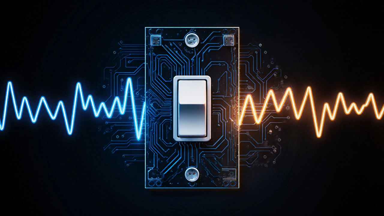 Circuit diagram showing smooth vs. chaotic waveforms controlling LED light