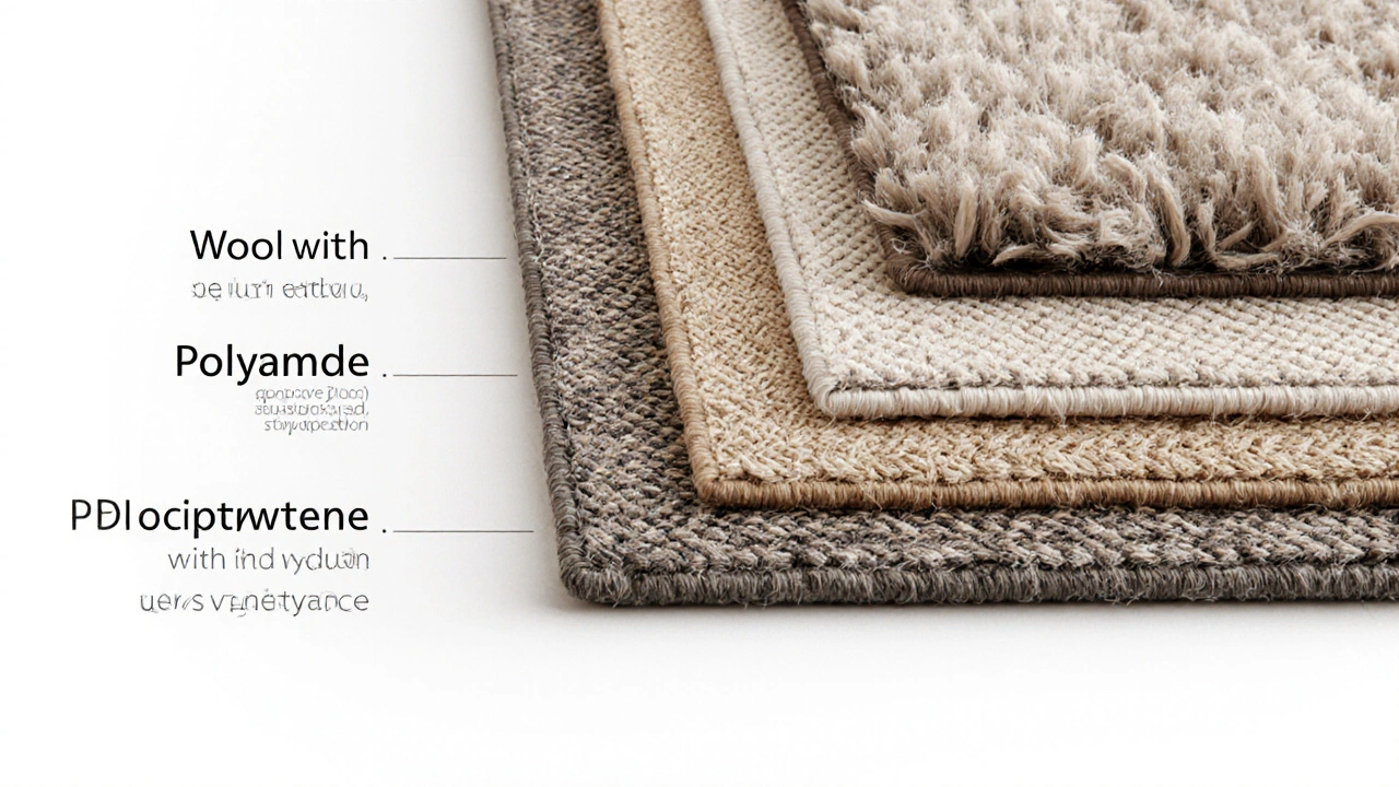 Detailní srovnání čtyř materiálů koberců: vlna, polyamid, polypropylen a juta.