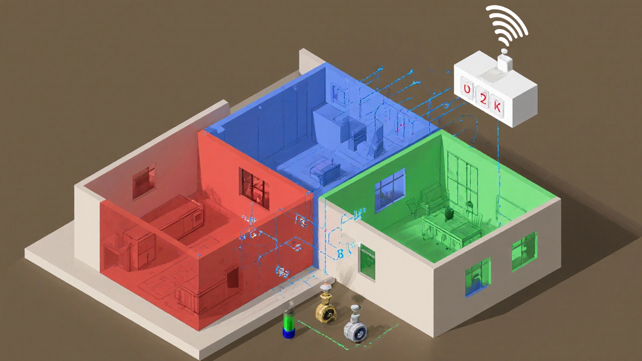 Dům s barevně označenými místnostmi a bezdrátovými senzory řídícími teplotu podle přítomnosti.