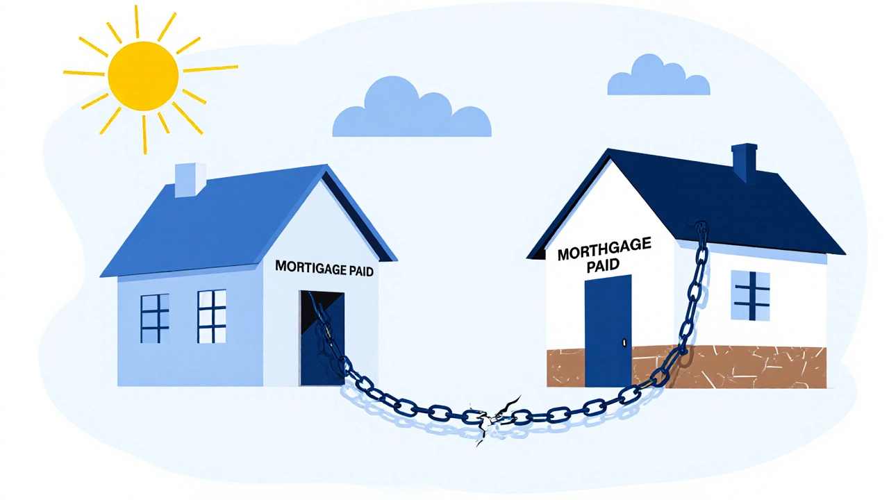 Dům s řetězem spojeným s jiným domem, řetěz je přerušený a světlo vychází.