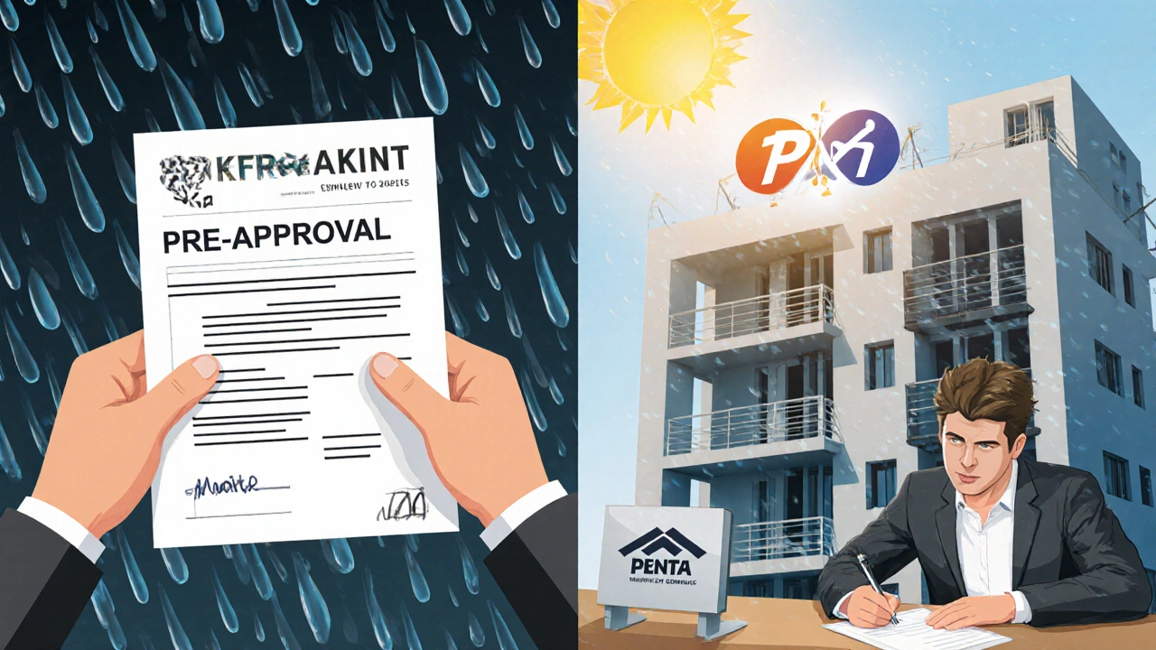 Dvě části scény: jedna ukazuje zpožděnou stavbu a vypršelou hypotéku, druhá úspěšný předání bytu.