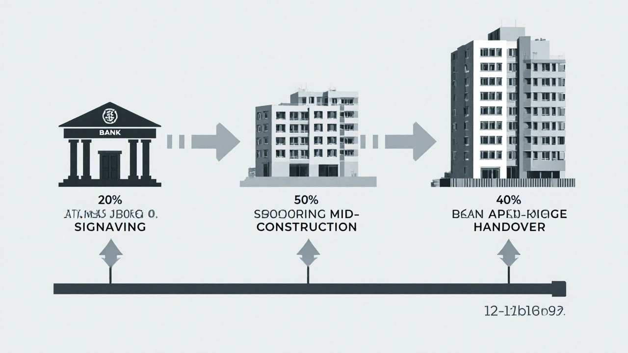 Grafické znázornění postupného výběru hypotéky ve třech fázích při koupi bytu v novostavbě.