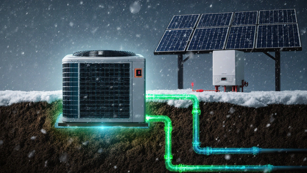 Hybridní systém s tepelným čerpadlem, solárními panely a plynovým kotlem v zimním prostředí.