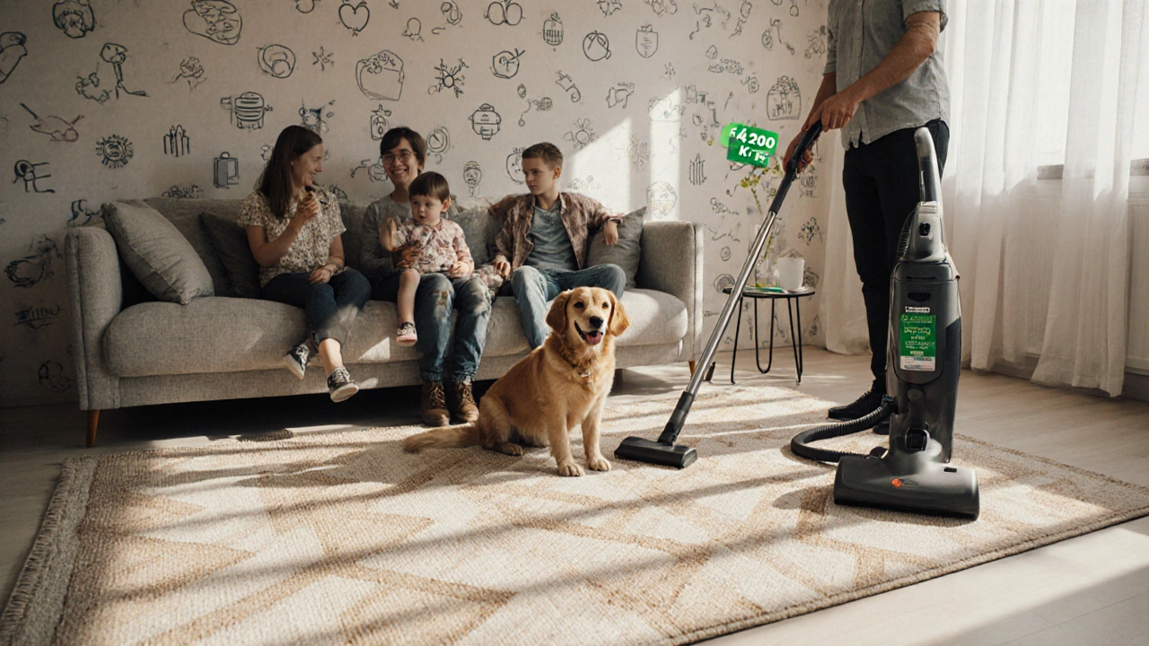 Koberec z recyklovaných materiálů v moderním obývacím pokoji s rodinou a psem.