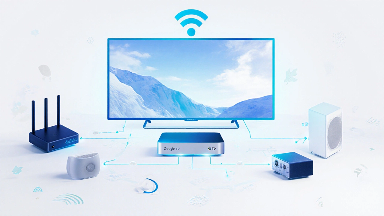 Konceptuální scéna českého multimediálního centra s propojenými zařízeními a lokálními prvky.