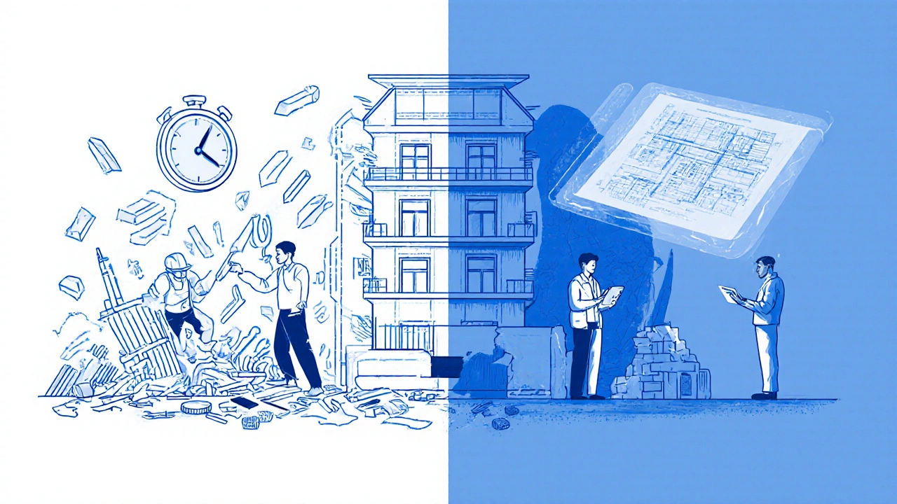 Kontrast mezi chaotickou DIY rekonstrukcí a profesionálně řízenou výstavbou s 3D plány a dozorem.