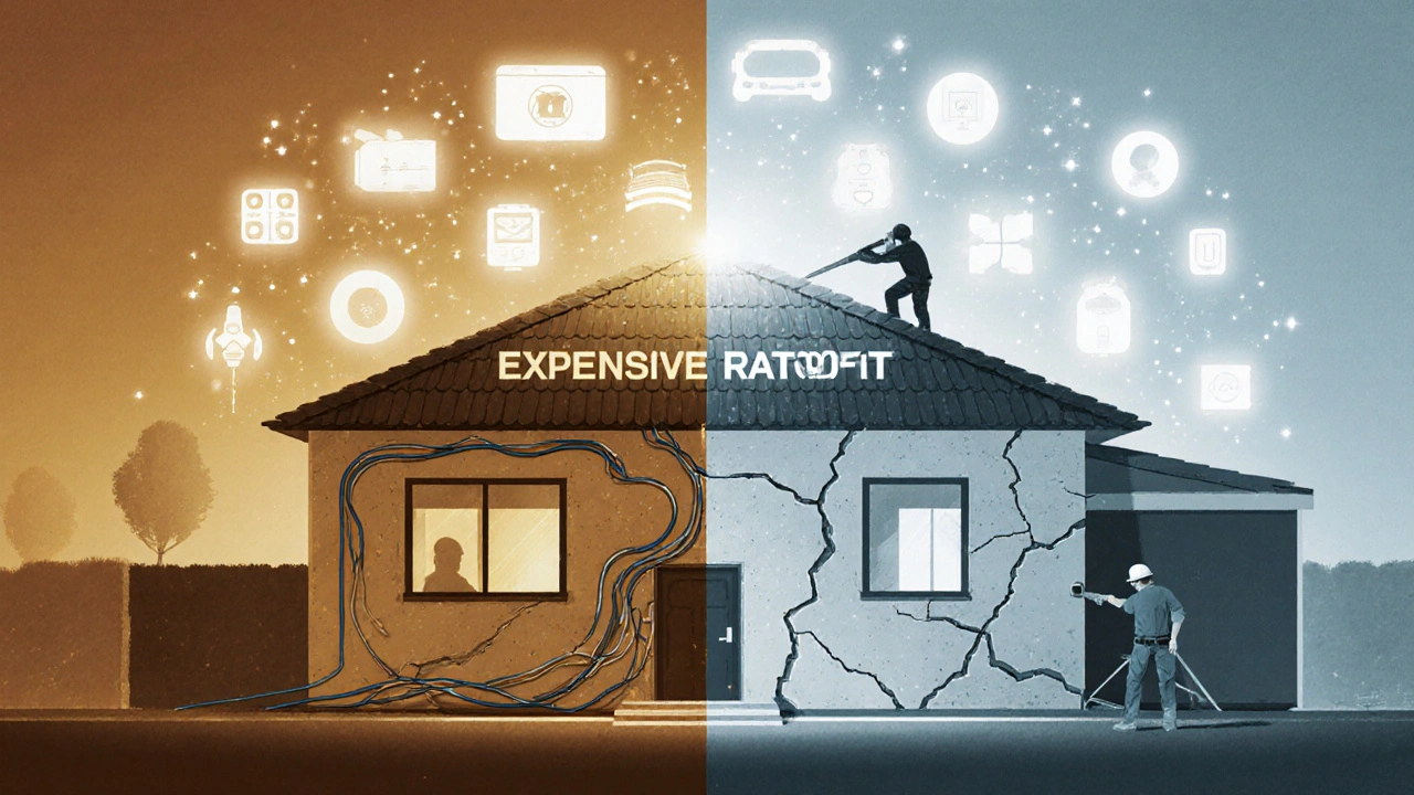 Kontrast mezi připravenou elektroinstalací a nákladným opravováním po dokončení domu.