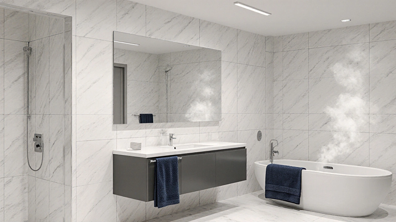 Koupelna v odstínech bílé a šedé s tmavě modrým ručníkem a velkým zrcadlem.