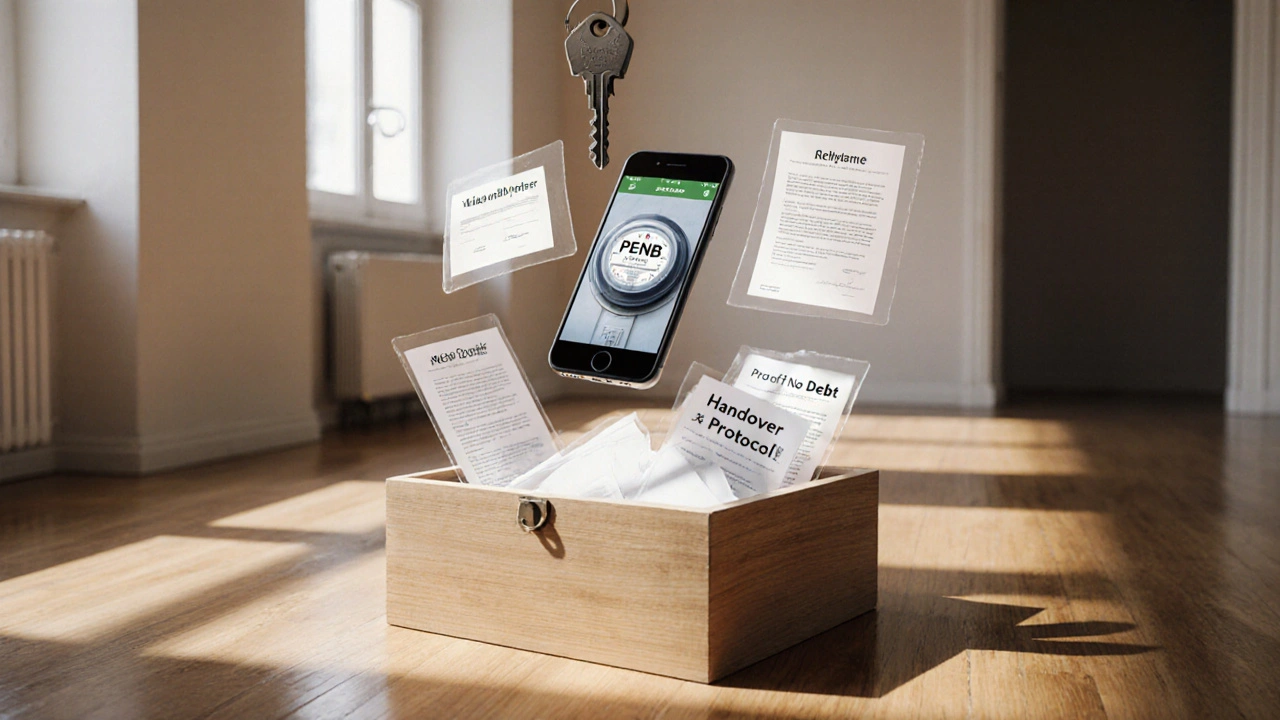 Krabice s dokumenty a klíči symbolizující předání nemovitosti, s přehledem důležitých papírů ve vzduchu.