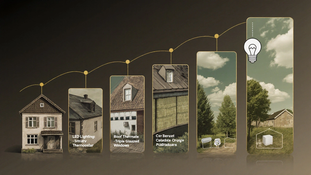 Krokový plán rekonstrukce domu: LED osvětlení, inteligentní termostat, trojsklo, zateplení střechy a tepelné čerpadlo v pořadí.
