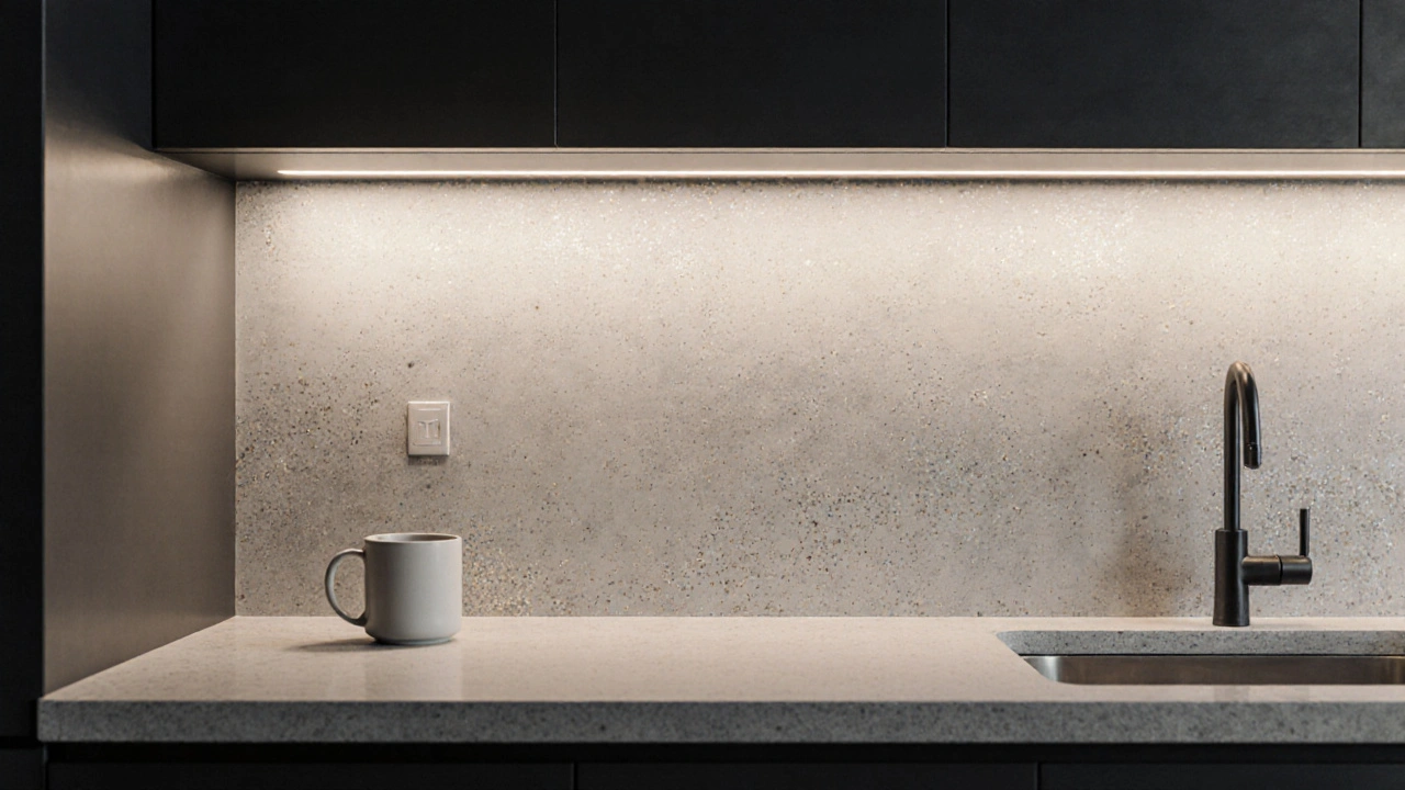 Kuchyňský prah z mikrocementu, spojený s deskou, bez švů, s teplým osvětlením a jednoduchým nádobím.