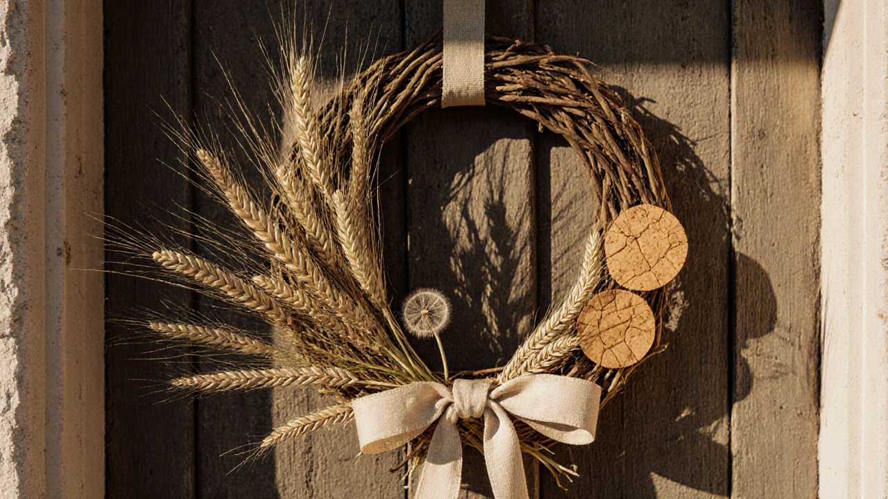 Létní věnec z trávy a korku na venkovských dveřích.