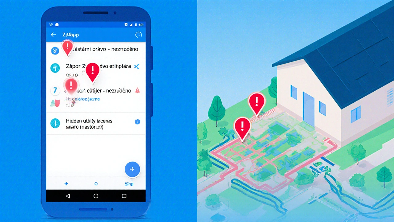 Mobilní aplikace s červenými varováními o zástavním právu a záporu.