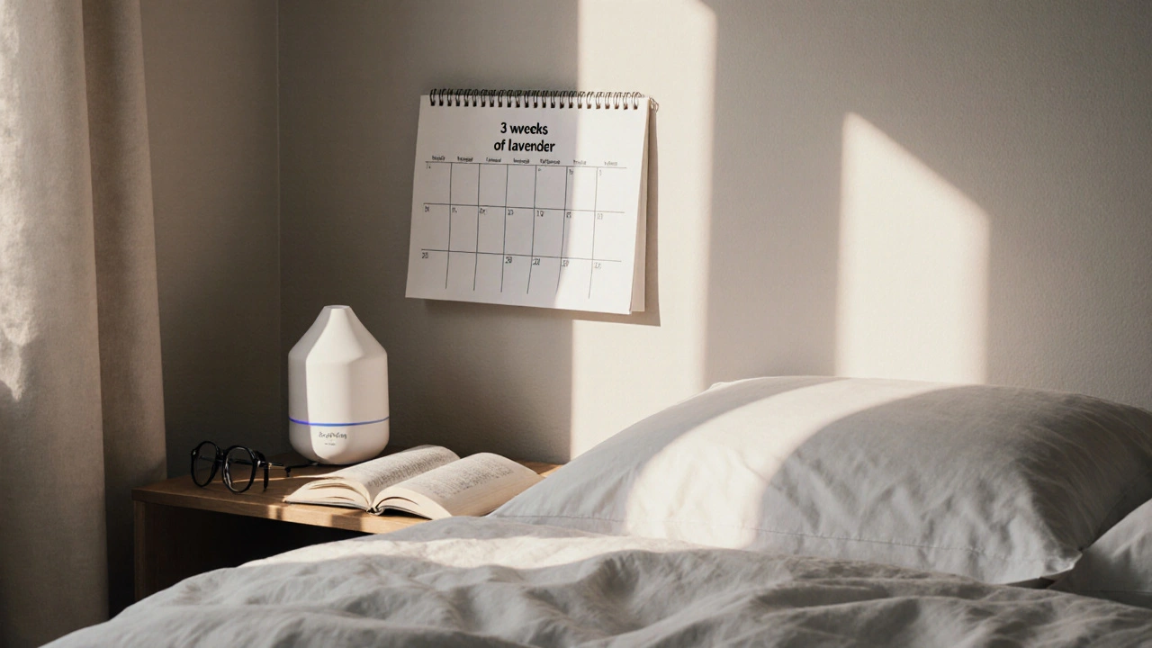 Moderní ložnice v ranním světle s inteligentním difuzérem, kalendářem s označenými týdny používání levandule a knihou na nočním stolku.