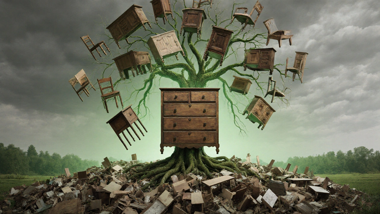 Obnovená skříň se proměňuje v strom, jehož větve tvoří nábytek, zatímco skládka s odpadem zůstává pod ní.