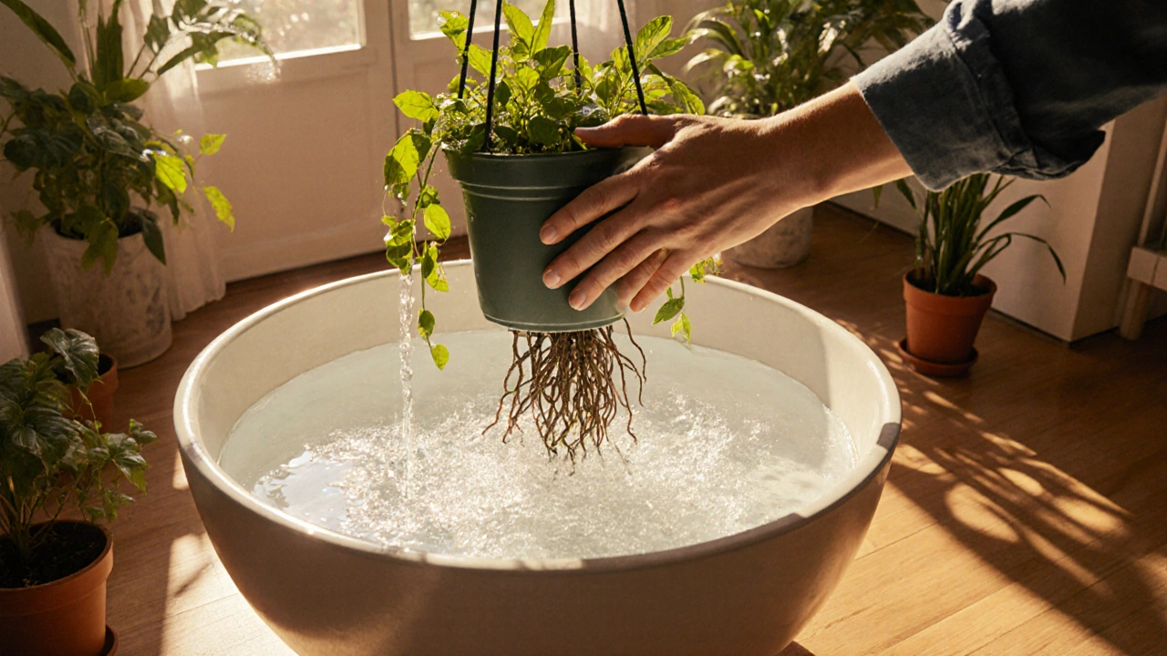 Osoba ponořující visící květináč do vody pro hluboké zavlažování.