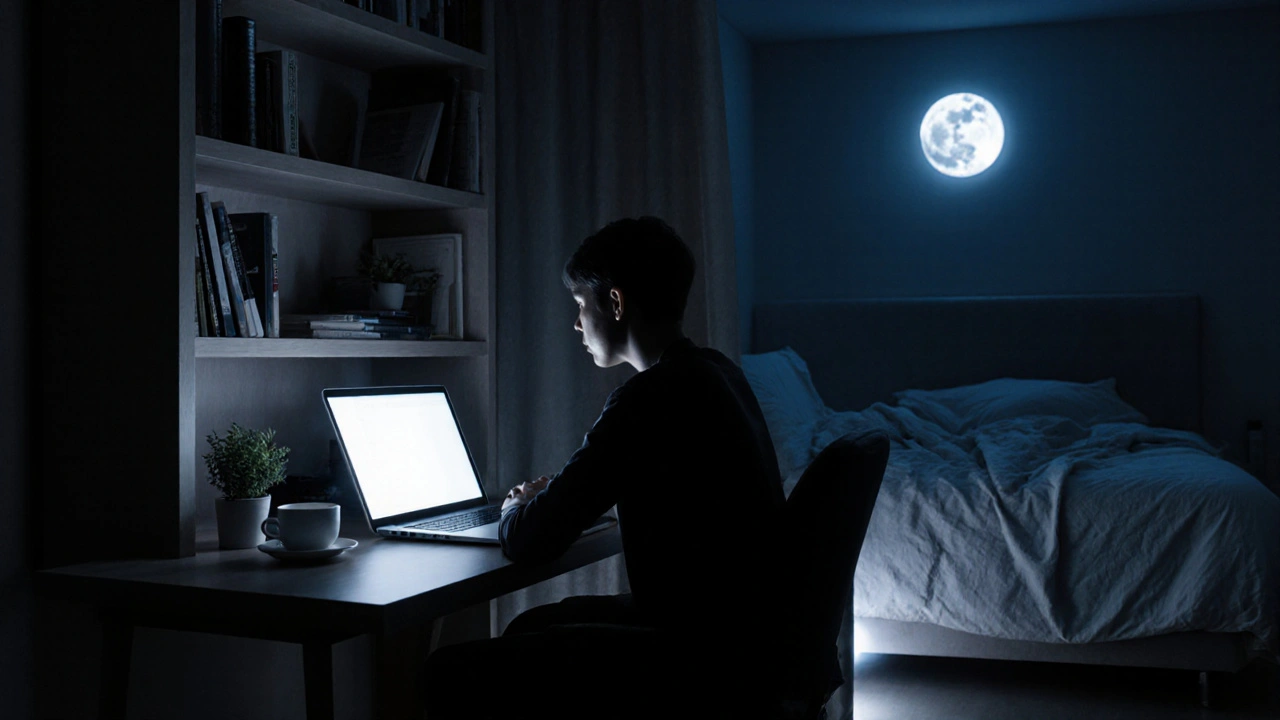 Osoba sedí u stolu za knihovnou, která blokuje pohled na postel, symbolizující hranici mezi prací a odpočinkem.