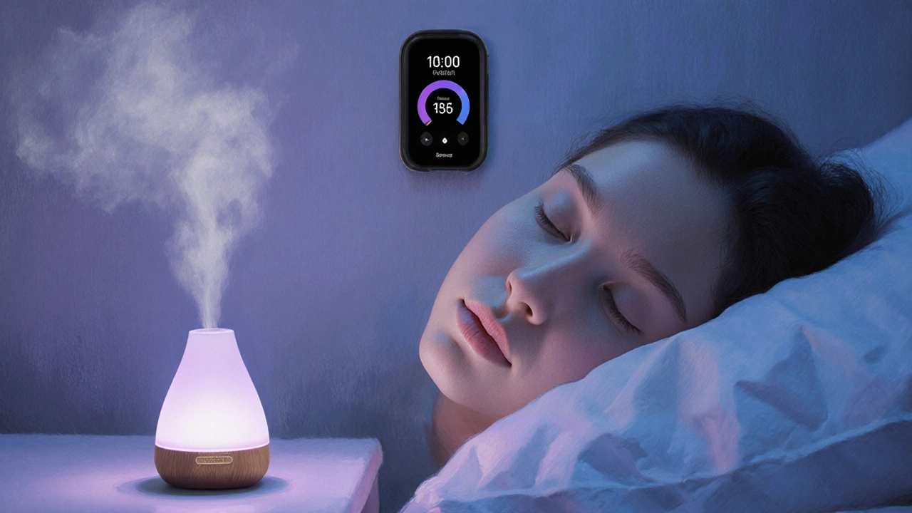 Osoba spící v posteli s jemným zářivým mlhem levandule a římského heřmánku, digitální sledovač spánku na zdi.