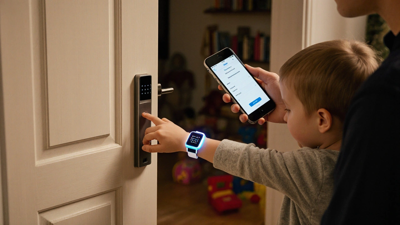 Parent using phone to grant child access via smart lock in a cozy home.