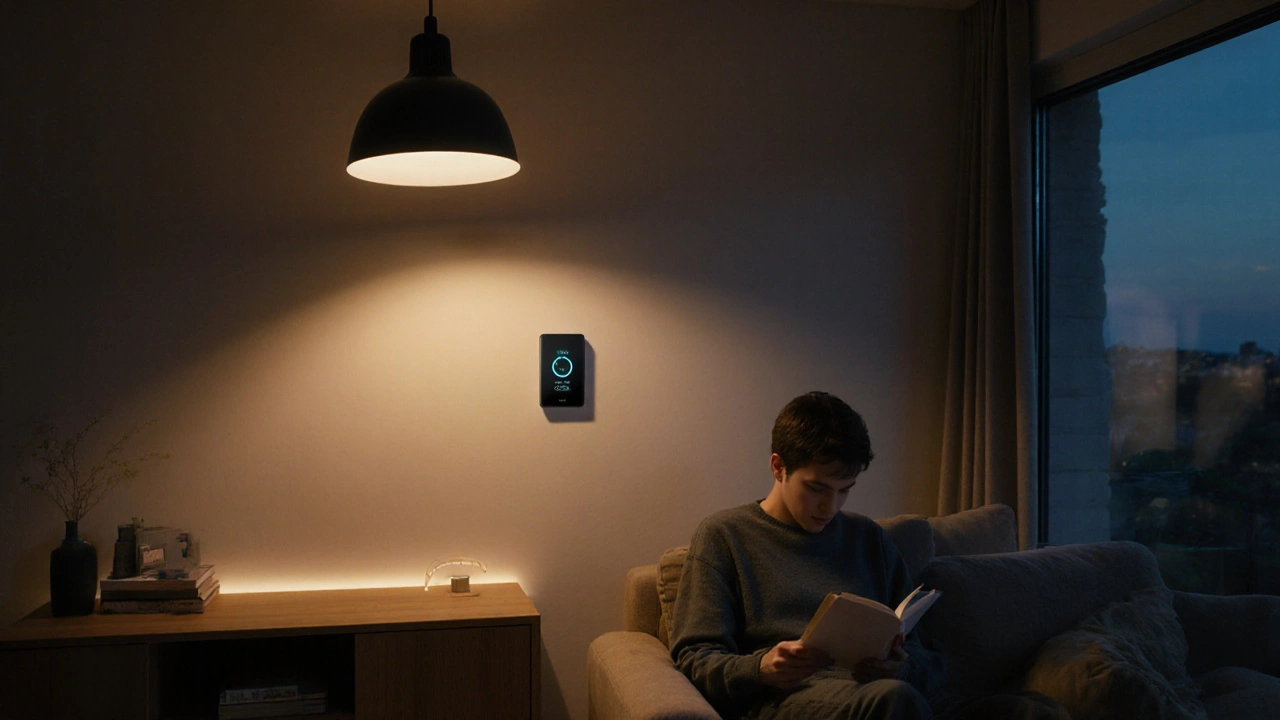 Person reading in a softly lit living room with dimmed LED ceiling lights