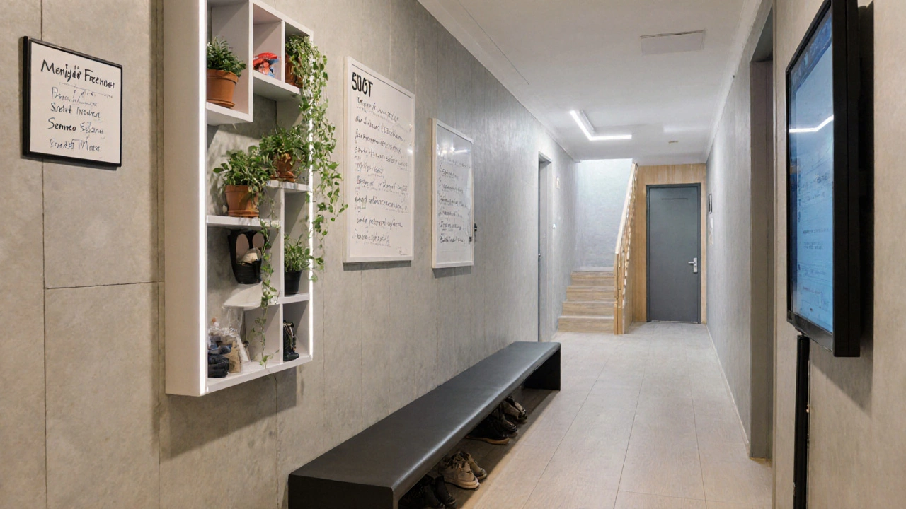 Přestavěná hala starého paneláku s moderními uklizovacími prvky a digitálními nástěnkami.