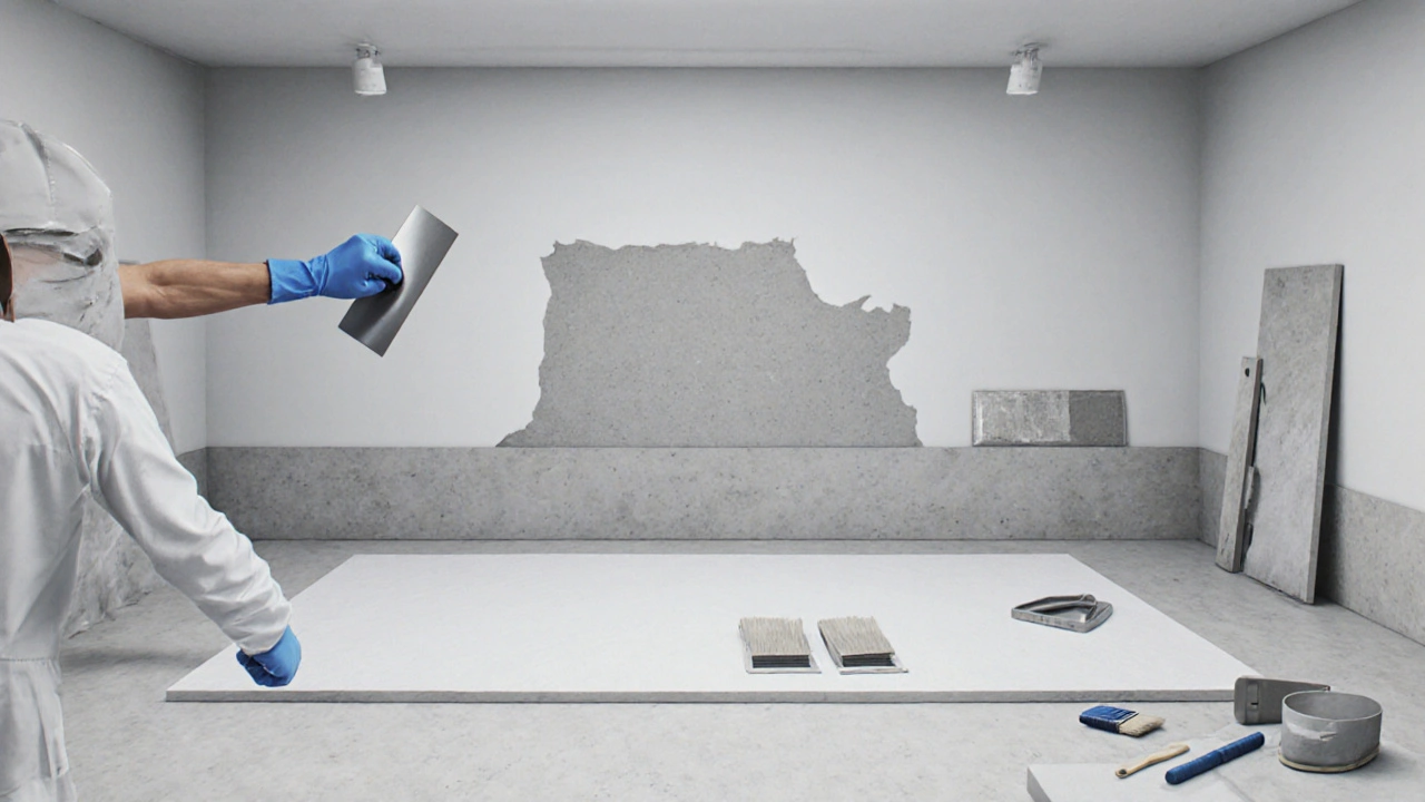 Profesionální aplikace mikrocementu ve třech vrstvách: podklad, dekorativní vrstva a ochranný lak.