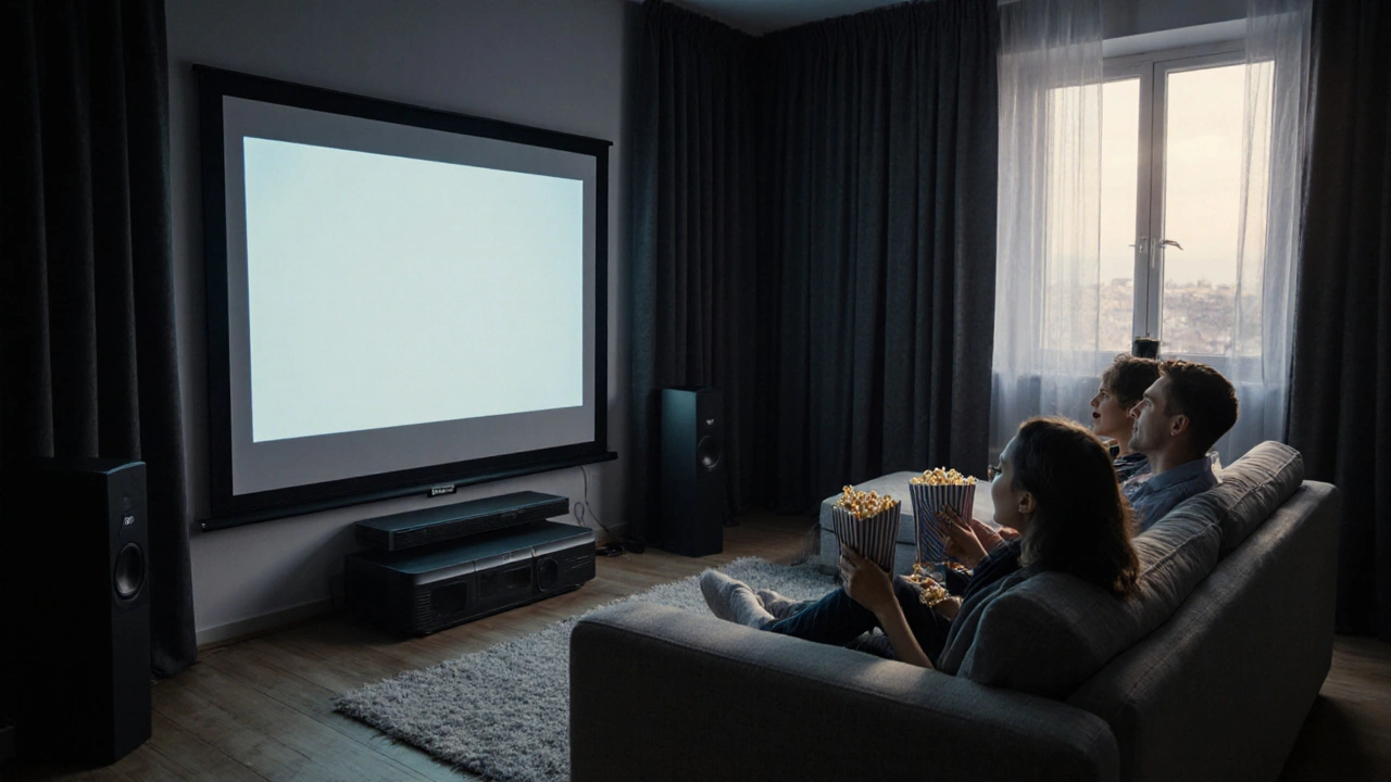 Projektor zobrazuje kinový obraz v tmavém obývacím pokoji, rodina si užívá film večer.