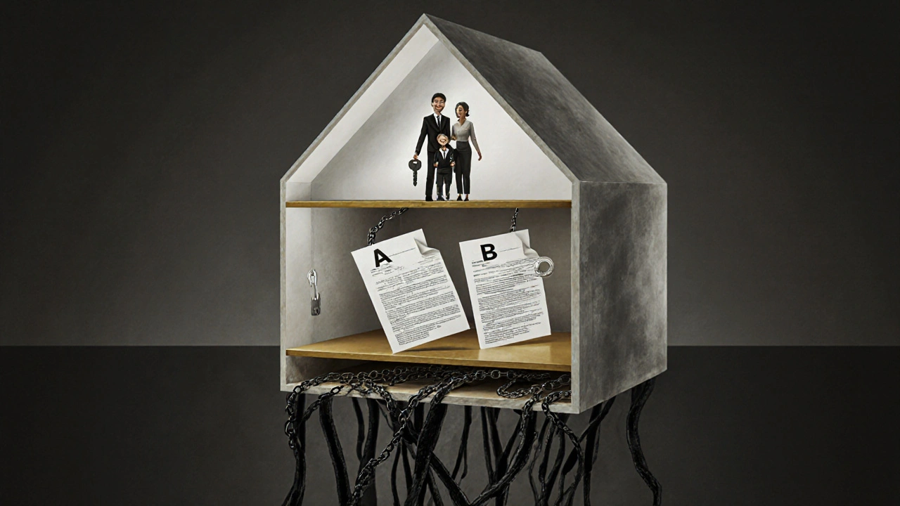 Průhledný dům s ukrytými právními zátěžemi jako temnými větvemi pod základy.