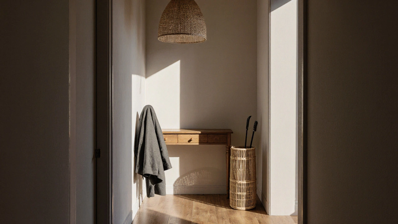 Ratanový stojan na deštníky ve vstupní chodbě s dřevěnou konzolou.