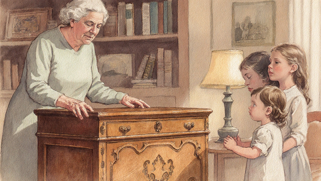 Rodina předává obnovenou truhlu z roku 1925 z generace na generaci v domácím prostředí.